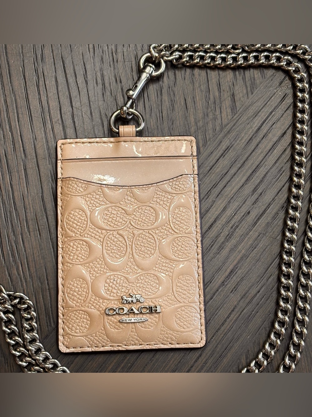 Coach Women’s Beige Patent Leather Logo ID/Document Holder Chain Lanyard great